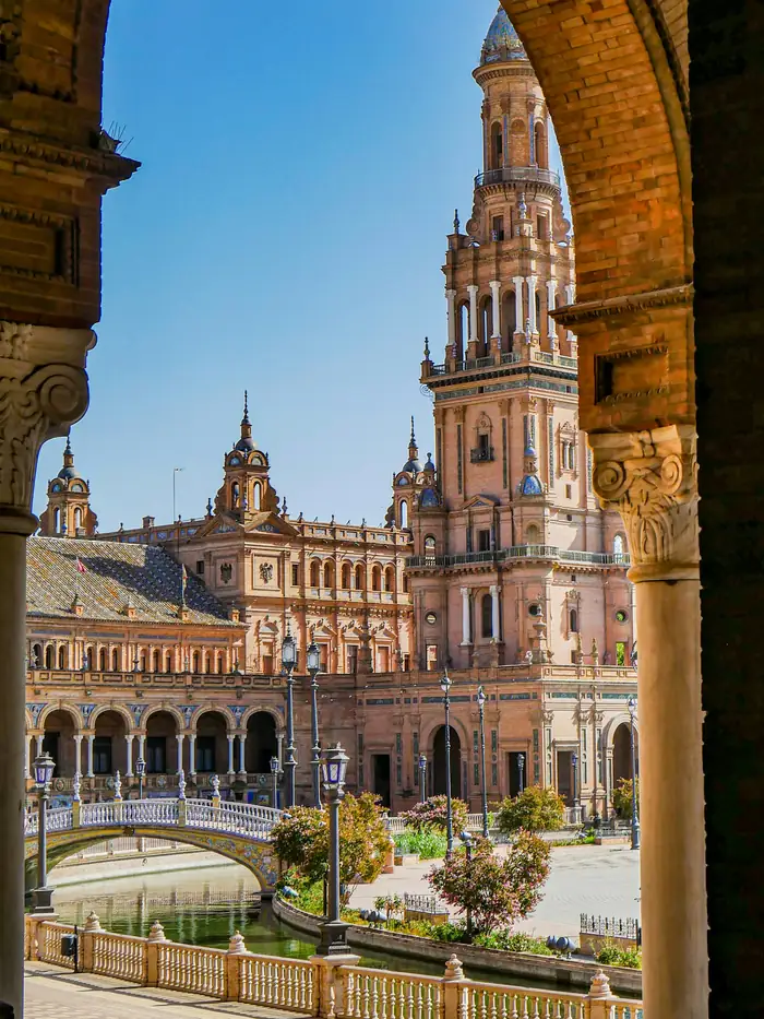 The colonnade of the Plaza de España in Seville, Spain