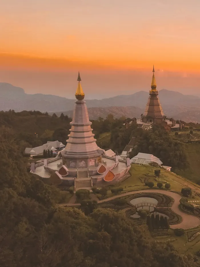 Twin royal pagodas on the Doi Inthanon ridge at sunset, northern Thailand